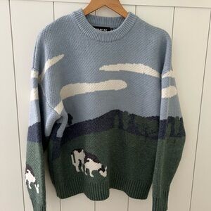 Blue and Green Landscape Sweater with cows